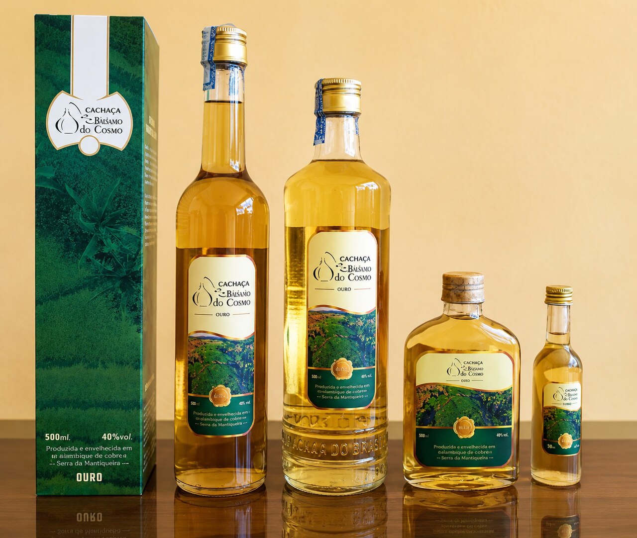 Bouteilles de cachaça brésilienne présentées dans différents formats