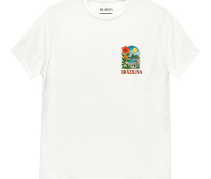 T-shirt blanc avec un design aux couleurs vibrantes du Brésil, présentant des motifs inspirés de paysages tropicaux, de fleurs exotiques et d'une ambiance festive avec l'inscription 'Brazilina'. Un vêtement qui incarne l'authenticité et la richesse de la culture brésilienne.