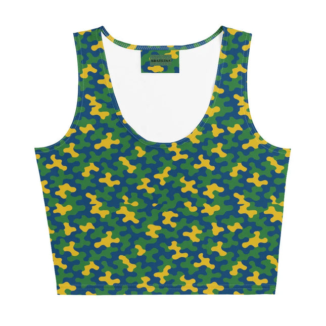 Haut style brésilien vibrant avec motifs colorés en vert, jaune et bleu rappelant l'énergie festive des carnavals et la richesse de la nature du Brésil. Crop top moderne et original, inspiré des traditions et de la joie de vivre brésiliennes.