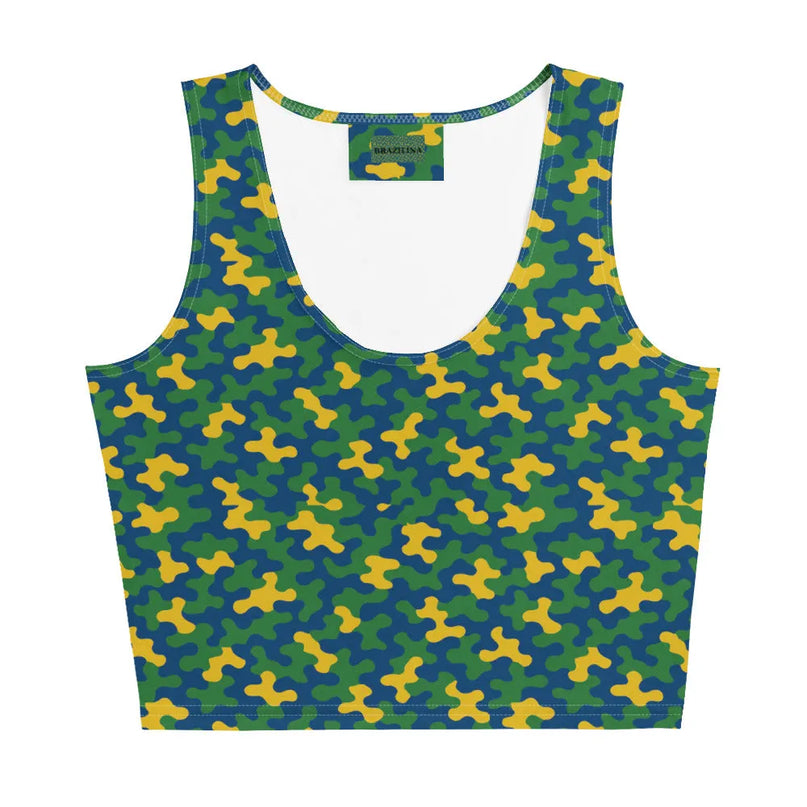 Haut style brésilien vibrant avec motifs colorés en vert, jaune et bleu rappelant l'énergie festive des carnavals et la richesse de la nature du Brésil. Crop top moderne et original, inspiré des traditions et de la joie de vivre brésiliennes.