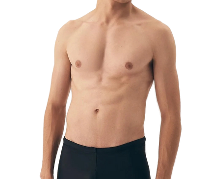 Shorts de bain noirs pour hommes avec une coupe ajustée et minimaliste, fabriqués en tissu à séchage rapide, présenté sur un modèle. Idéal pour la plage et les activités aquatiques. Longueur au-dessus de la mi-cuisse, conçu pour le confort et la liberté de mouvement, sans poches, avec une taille ajustable à lacets.
