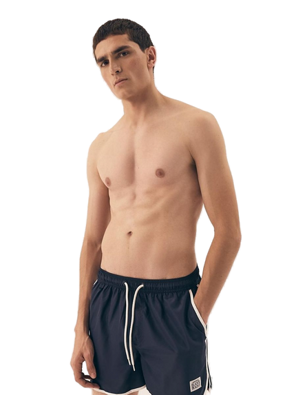 Short de bain homme bleu marine à bande blanche