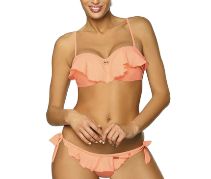 Bikini inspiré de la plage brésilienne, de couleur corail, avec un haut à volants élégants et des liens sur les côtés pour un ajustement parfait. Ce modèle reflète l'esprit festif et insouciant du Brésil, idéal pour rayonner sur les plages ou à la piscine.