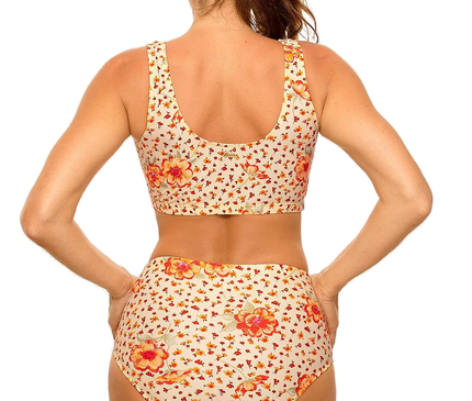 Maillot de bain deux pièces au style sportif, motif floral coloré, dos du haut en forme de top élastique sans baleines et slip taille haute, en tissu italien Carvico Tessuti, parfait pour sublimer le bronzage.
