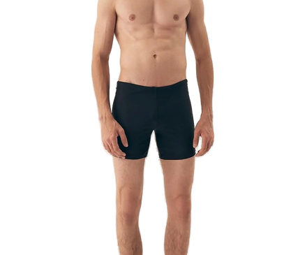 Homme portant un short de bain noir minimaliste et élégant pour homme, conçu avec une longueur de jambe moyenne. Le short est fabriqué en tissu lisse et à séchage rapide, idéal pour la plage ou les activités aquatiques. Modèle sans poches, avec taille à lacets pour un ajustement parfait, photographié sur un fond neutre.